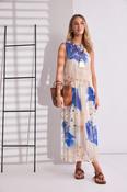 Mesh Leaf print Waisted Dress - Denim Blue