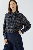 Long Check Blouse - Dark Blue and Camel
