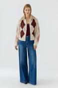 Print Cardigan with Faux Fur Collar - Stone and Red