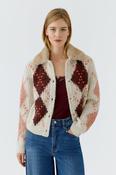 Print Cardigan with Faux Fur Collar - Stone and Red