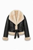 Faux-Leather Shearling-Effect Belted Jacket - Black