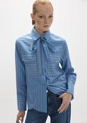 Striped Poplin Shirt with Adjustable Bow - Blue