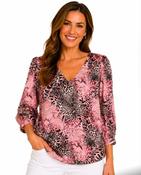 Animal Print V neck Blouse - Pink and Black