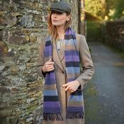 Irish Wool Scarf Long Purple Charcoal Blue Tan Stripe image