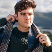 Irish Wool Scarf Long Denim Navy Beige Block Check image