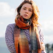 Irish Wool Scarf Long Orange Grey Beige Multi Block image