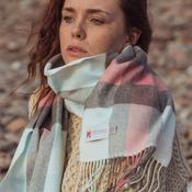 Merino Luxury Wool Scarf Aqua Grey Cream &amp;amp; Pink Block Check image
