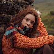 Irish Wool Scarf Long Orange Teal and Denim Blue Small Block Check image