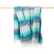 Merino Wool Cashmere Throw Aqua Teal Denim Blue Diffused Stripe Textured Twill