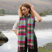 Merino Luxury Wool Scarf Pink Raspberry Blue Green Block Check image