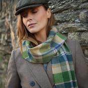 Irish Wool Scarf Short Green Stone Cream Denim Check image