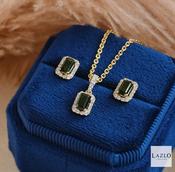9kt Yellow Gold Emerald Cut Green Tourmaline Pendant &amp; Earrings Diamond Set