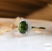 18kt Yellow Gold 1.36ct Oval Green Tourmaline &amp; 0.14ct Natural Diamond Halo Ring image