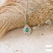 9kt White Gold Teardrop Shape 0.17ct Emerald &amp; 0.06ct Diamond Pendant &amp; 18 Inch Chain image