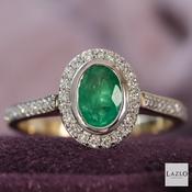 Andre Michael 9kt Yellow Gold Rub Over Oval 0.67ct Emerald &amp; 0.20ct Natural Diamond Halo Ring