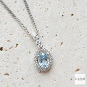 Sterling Silver Oval Shape CZ &amp; Aquamarine Cluster Pendant &amp; Chain