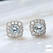 Sterling Silver Square Shaped Cluster Round Aquamarine CZ Earrings