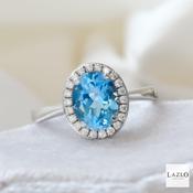 Sterling Silver Oval Blue Topaz &amp; CZ Surround Cluster Ring image