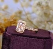 18kt Rose Gold Emerald Cut Morganite &amp; Diamond Set Halo Shoulders Ring
