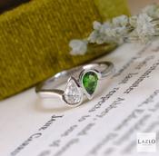 Platinum Rubover Pear Shape Laboratory Diamond &amp; Green Tourmaline Ring image