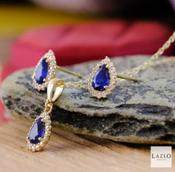 9kt Yellow Gold Teardrop Shape Faux Sapphire CZ Halo Stud Earrings