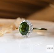 18kt Yellow Gold 1.36ct Oval Green Tourmaline &amp; 0.14ct Natural Diamond Halo Ring image