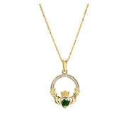 14kt Gold 0.10ct Lab Diamond &amp; Emerald Claddagh Necklace image