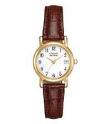 Citizen Ladies Classic Eco Drive Gold Plated White Dial Brown Leather Strap Watch image