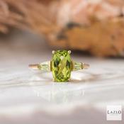 9kt Yellow Gold Three Stone Long Cushion Peridot &amp; Taper Side Stone Ring image