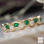 Amore 9kt Yellow Gold Wavy 0.25ct Emerald &amp; 0.29ct Diamond Channel Set Ring image