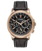 Citizen Gents Calendier Eco-Drive Rose Gold Plated Black Dial Brown Strap Watch image