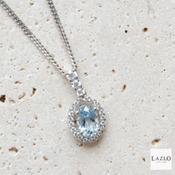 Sterling Silver Oval Shape CZ &amp; Aquamarine Cluster Pendant &amp; Chain image