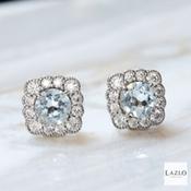 Sterling Silver Square Shaped Cluster Round Aquamarine CZ Earrings image