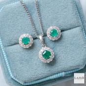 Amore Sterling Silver Genuine Emerald CZ Small Round Cluster Earrings &amp; Necklace Set image