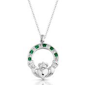 Sterling Silver  Channel Set Faux Emerald &amp; CZ Claddagh Necklace image