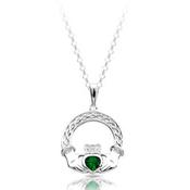 Silver Claddagh &amp; Celtic Knot Faux Emerald Heart Necklace image