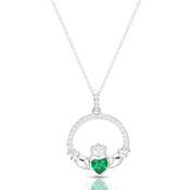 Silver Claddagh Faux Emerald CZ Pendant &amp; Chain image
