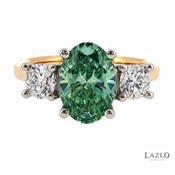 18kt Yellow Gold &amp; Platinum 2.00ct Oval Green Laboratory &amp; 0.72ct Round Brilliant Laboratory Diamond Ring