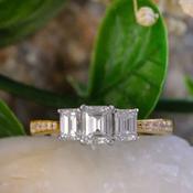 18kt Yellow Gold Three Stone 1.01ct G VS Emerald Cut 0.10ct Pave Set Engagement Ring image