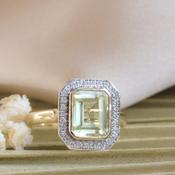 9kt Yellow Gold 2.34ct Emerald Cut Green Amethyst &amp; 0.17ct Diamond Halo Ring image