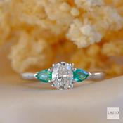 18kt White Gold Three Stone 0.50ct Oval Diamond &amp; 0.22ct Pear Shaped Emerald Ring image