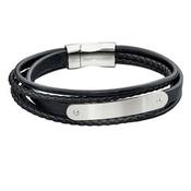 Gents Black Leather Five Row ID Plate Bracelet image