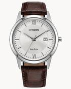 Gents Citizen Eco Drive Stainless Steel Silver Dial Brown Strap Bracelet Watch