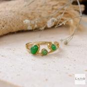 9kt Yellow Gold Three Stone Rubover Split Shank Cabouchon Jade Ring image