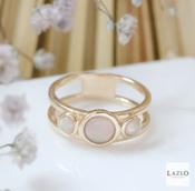 9kt Yellow Gold Three Stone Split Shank Round Rubover Opal Ring image