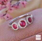 9kt White Gold 0.97ct Ruby &amp; 0.12ct Diamond Oval Three Stone Cluster Ring image