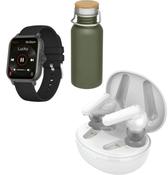 Prixton TWS158 ENC and ANC earbuds White &amp; Prixton AT803 activity tracker with thermometer + Thor 550 ml water bottle image
