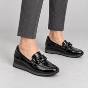 Jana Black Patent Wide Fit Chain Wedge Loafers image