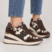 Xti Chocolate Brown Cow Print Wedge Trainers image