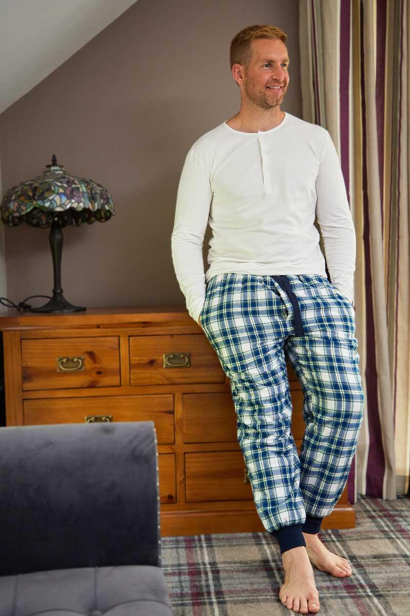 Fleece Lined Flannel Mens Lounge Pants Douglas Blue Tartan LV38